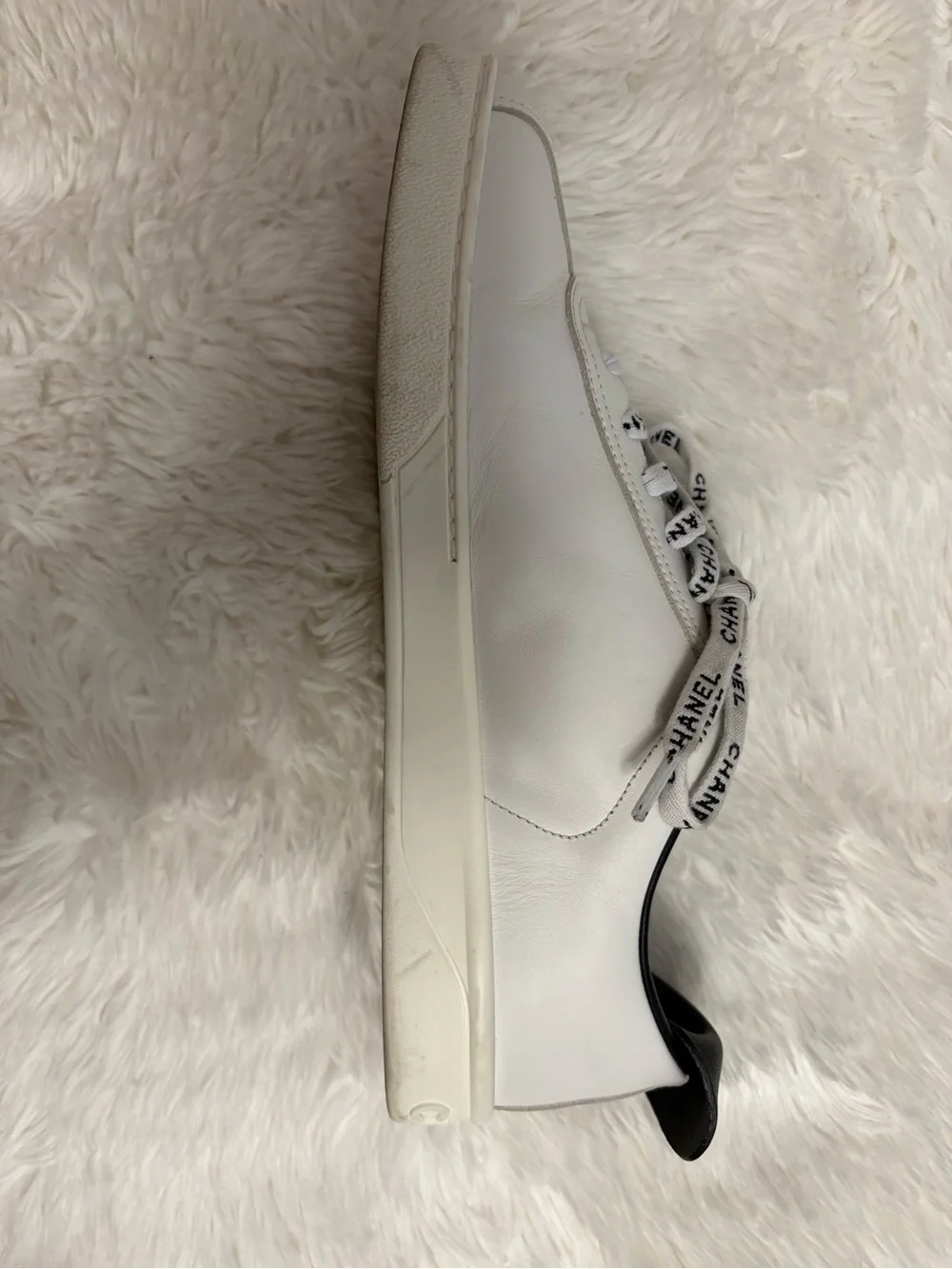 CHANEL White and Black Logo Lace-Up Sneakers